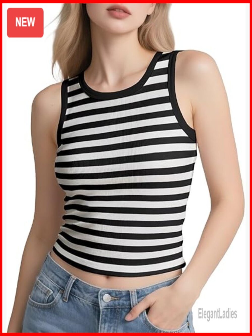 Ribbed Knit Slim Fit Tank Top, Striped Sleeveless Cami, Summer Casual